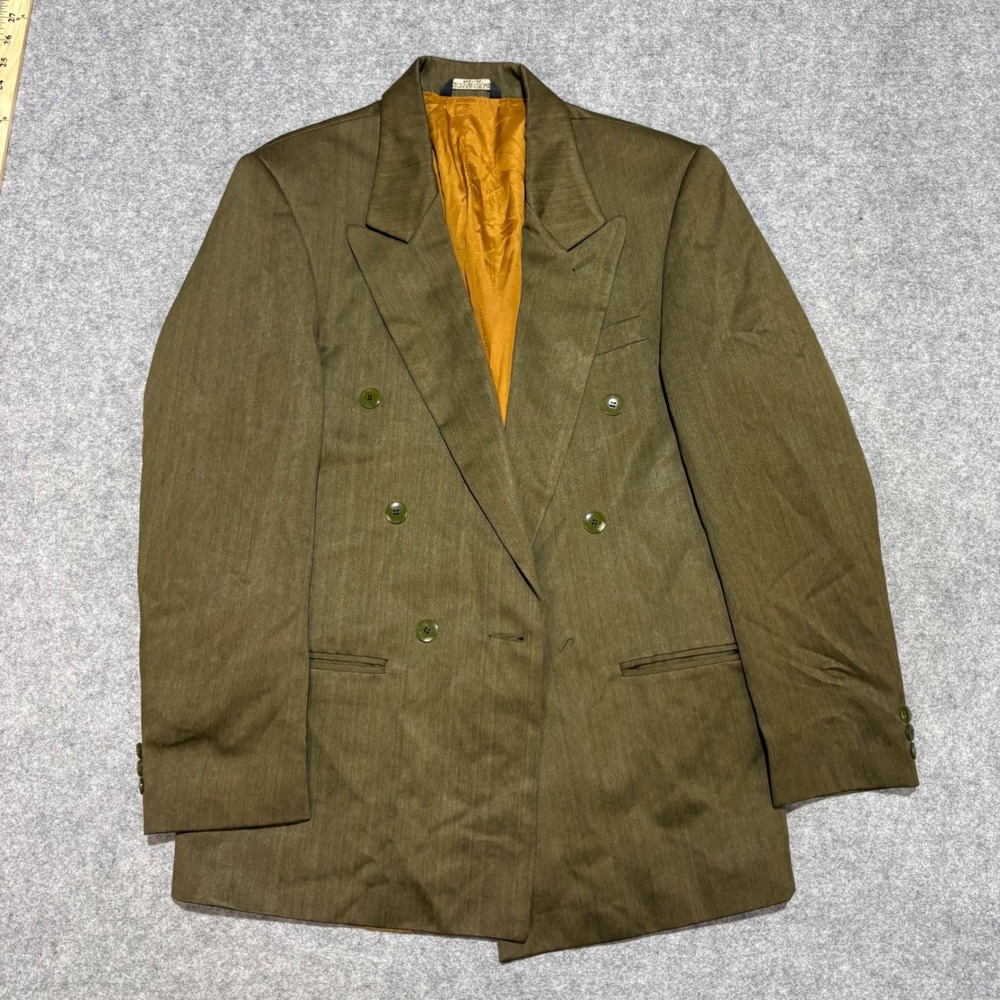 Vintage Falcone Men Double Breasted Blazer Olive Green Pinstripe Made in USA 42L